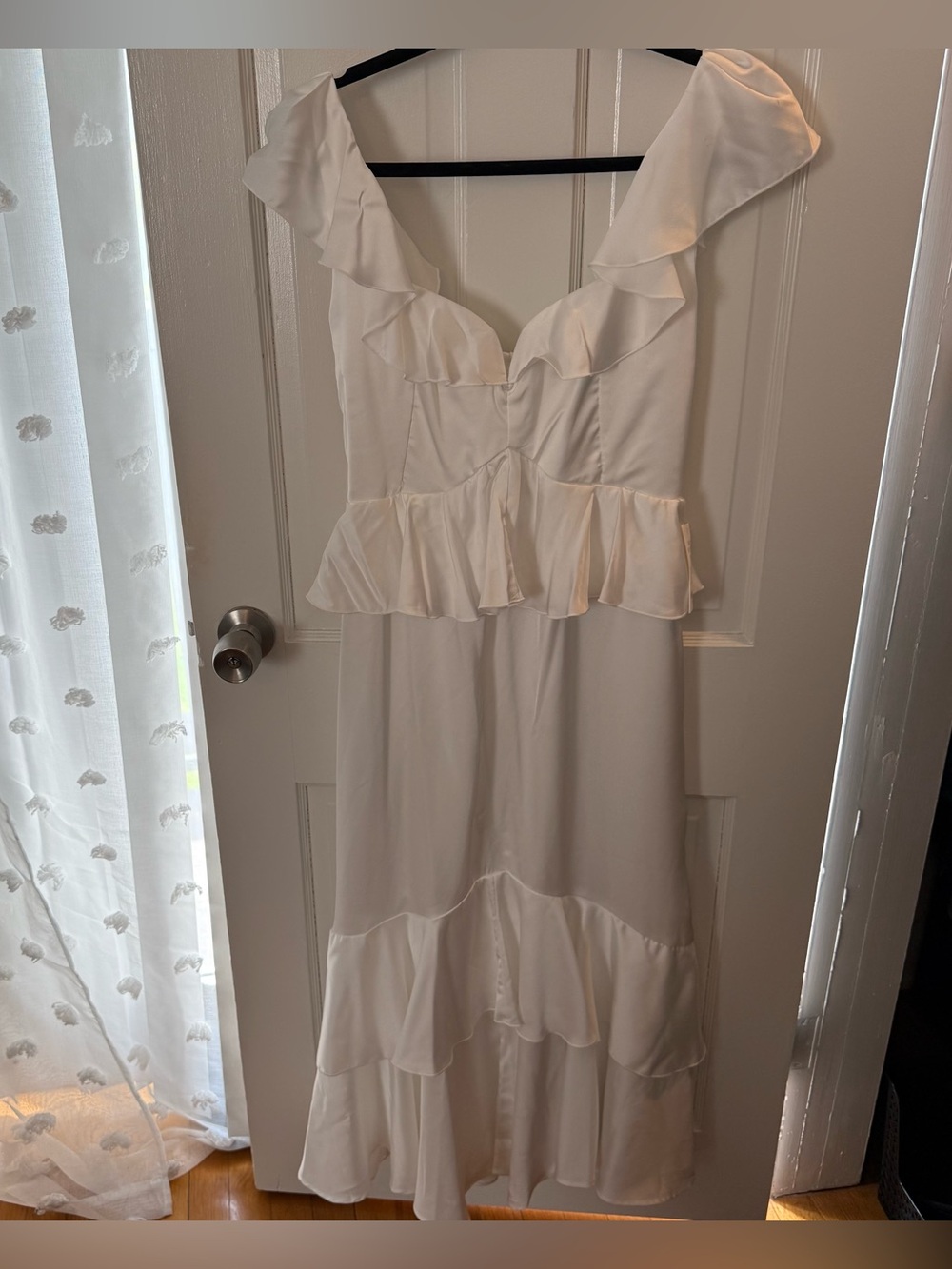 White Ruffle Midi Dress with Peplum Waist